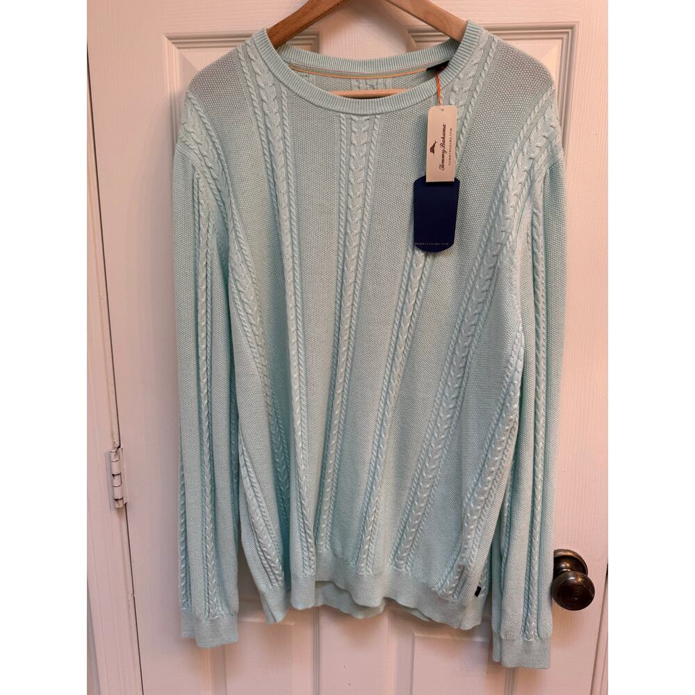 Tommy Bahama Silk Cotton MARLED SANDS CREW Cable Knit Sweater Aquarius Size XL
